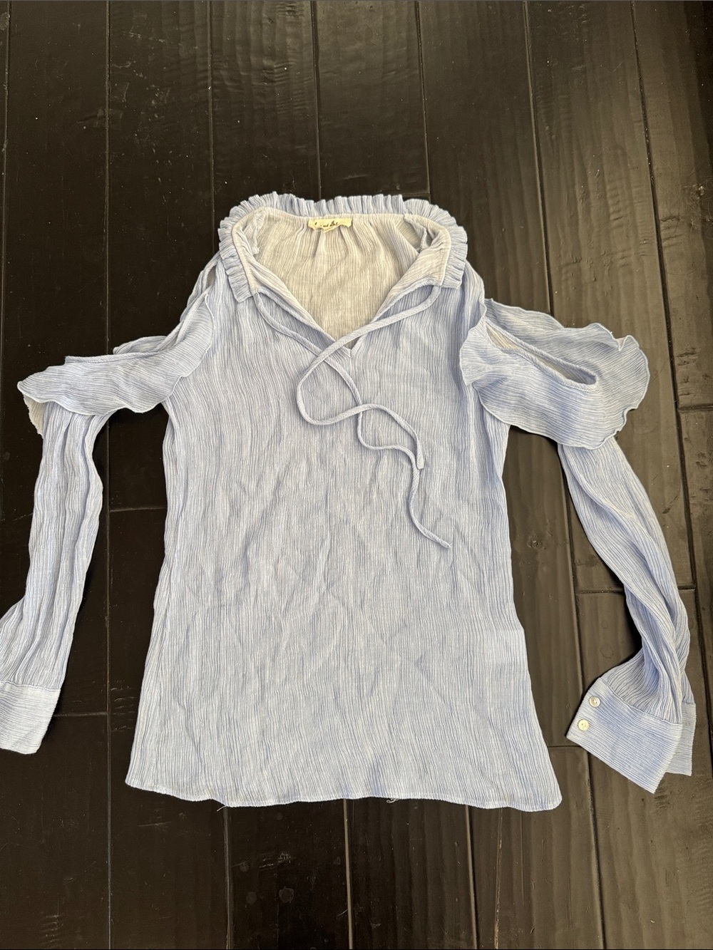 Light Blue Cold-Shoulder Ruffle Tie Neck Women’s Top